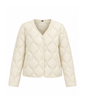 Ivory quilted jacket, straight-on front view showing the onion quilting, collarless V-neck and four press studs