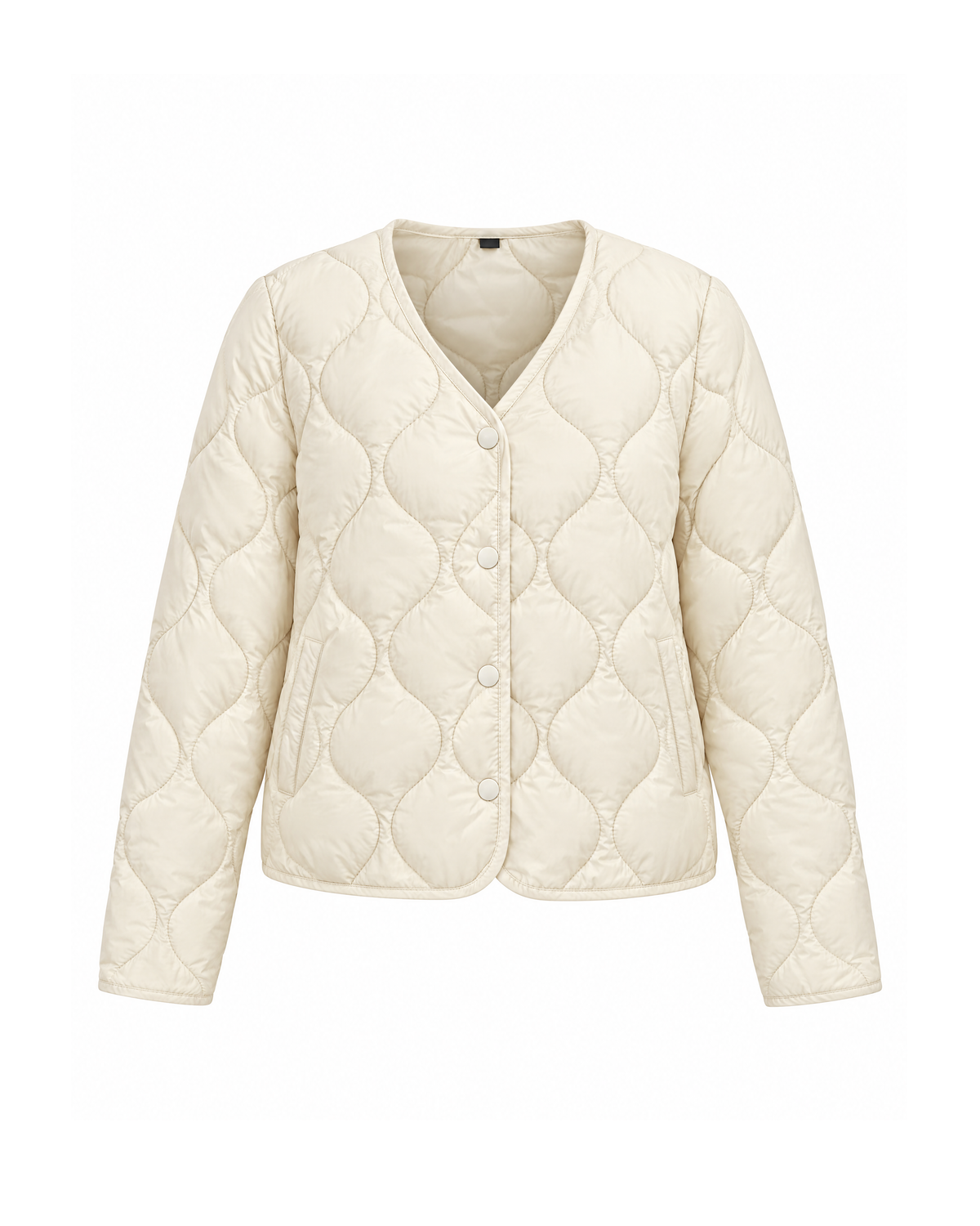 Ivory quilted jacket, straight-on front view showing the onion quilting, collarless V-neck and four press studs