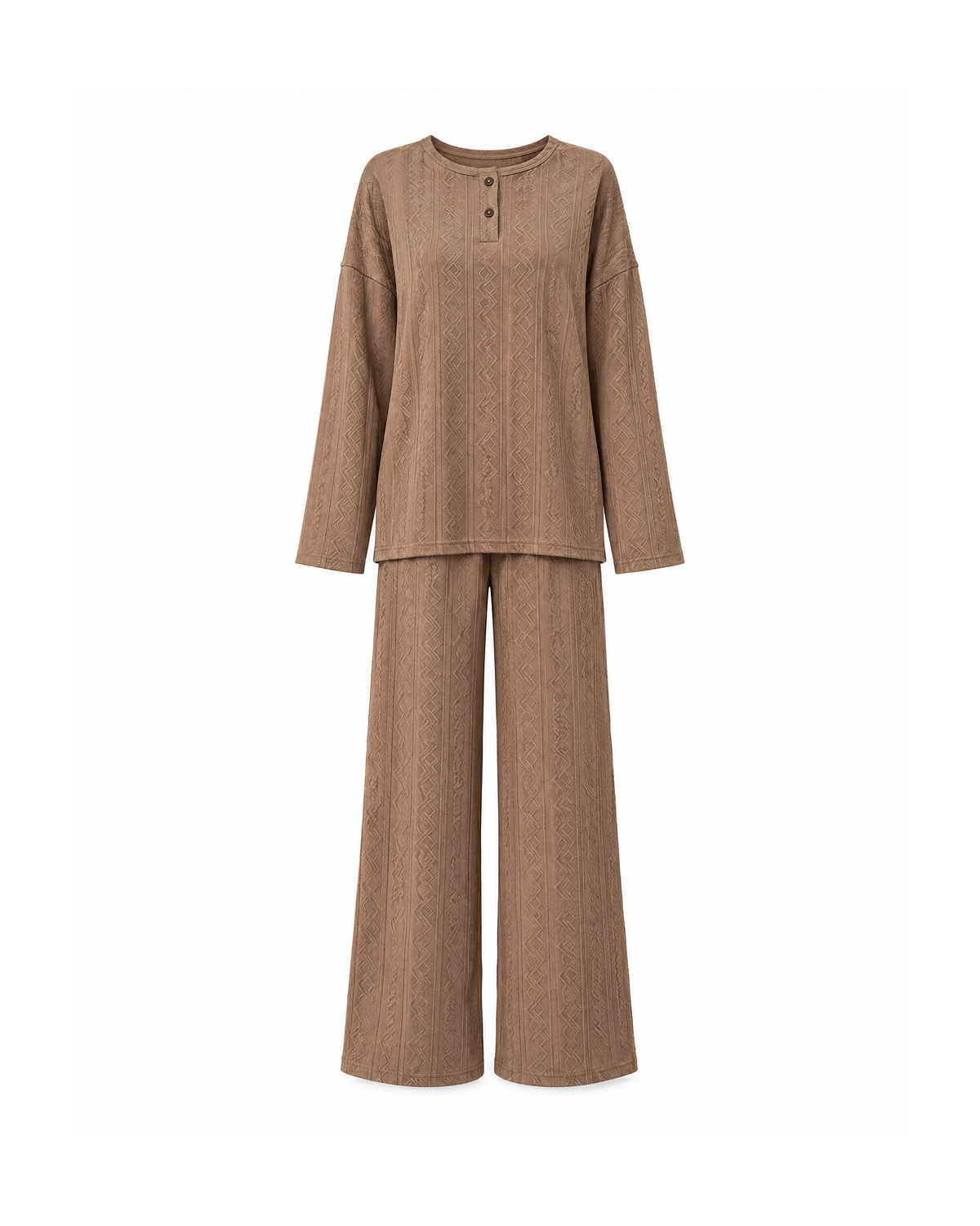 Coffee knit lounge set, front view: henley top with two buttons, dropped shoulders and zigzag textured knit over full-length wide-leg pants, on white