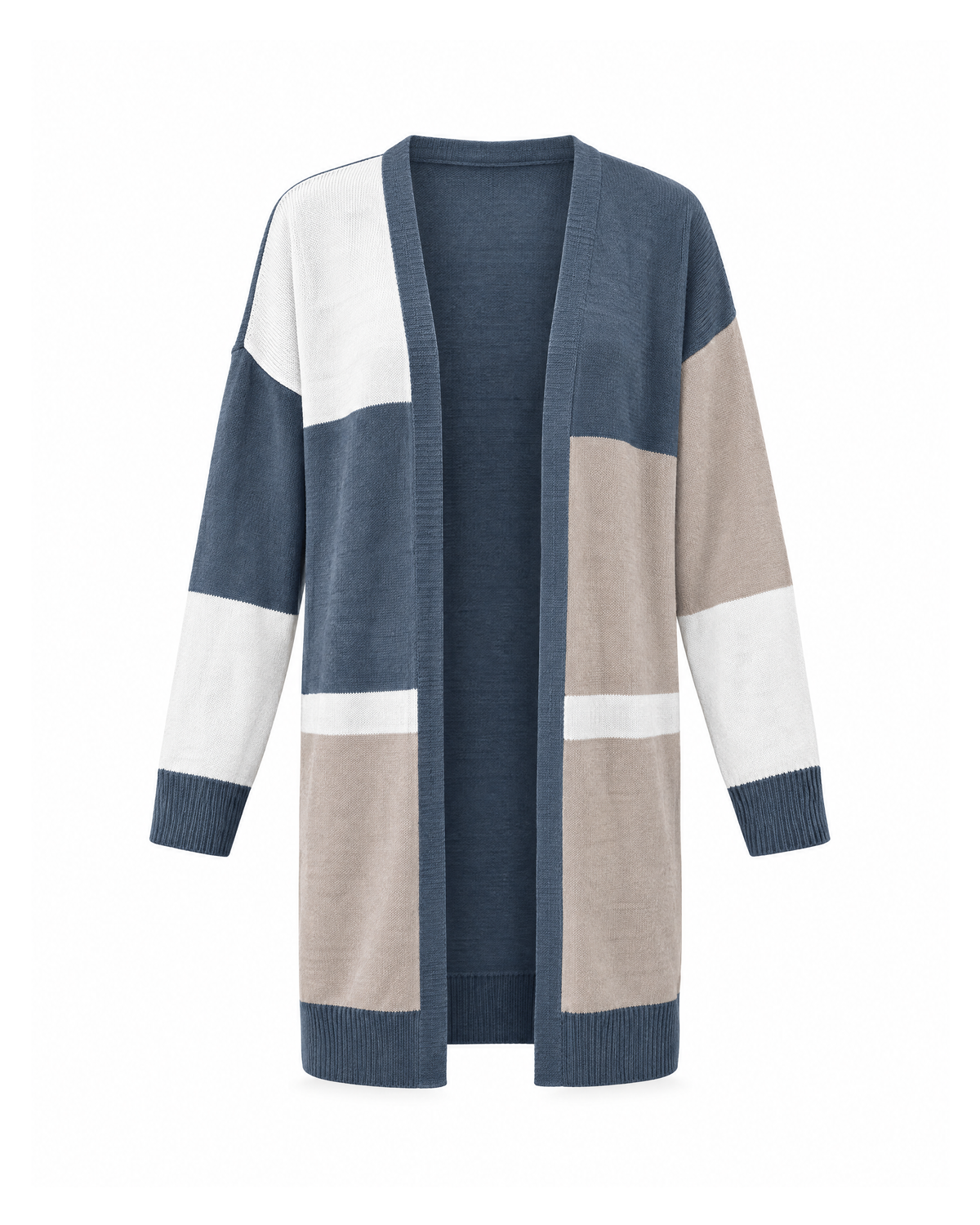 Blue/White/Beige color block open-front cardigan, front view: slate blue, white and beige panels, slate blue front band, cuffs and hem