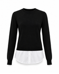 Black shirt hem sweater, front view: fine-knit crew neck with a sewn-in white shirt hem, two-button placket and curved shirttail