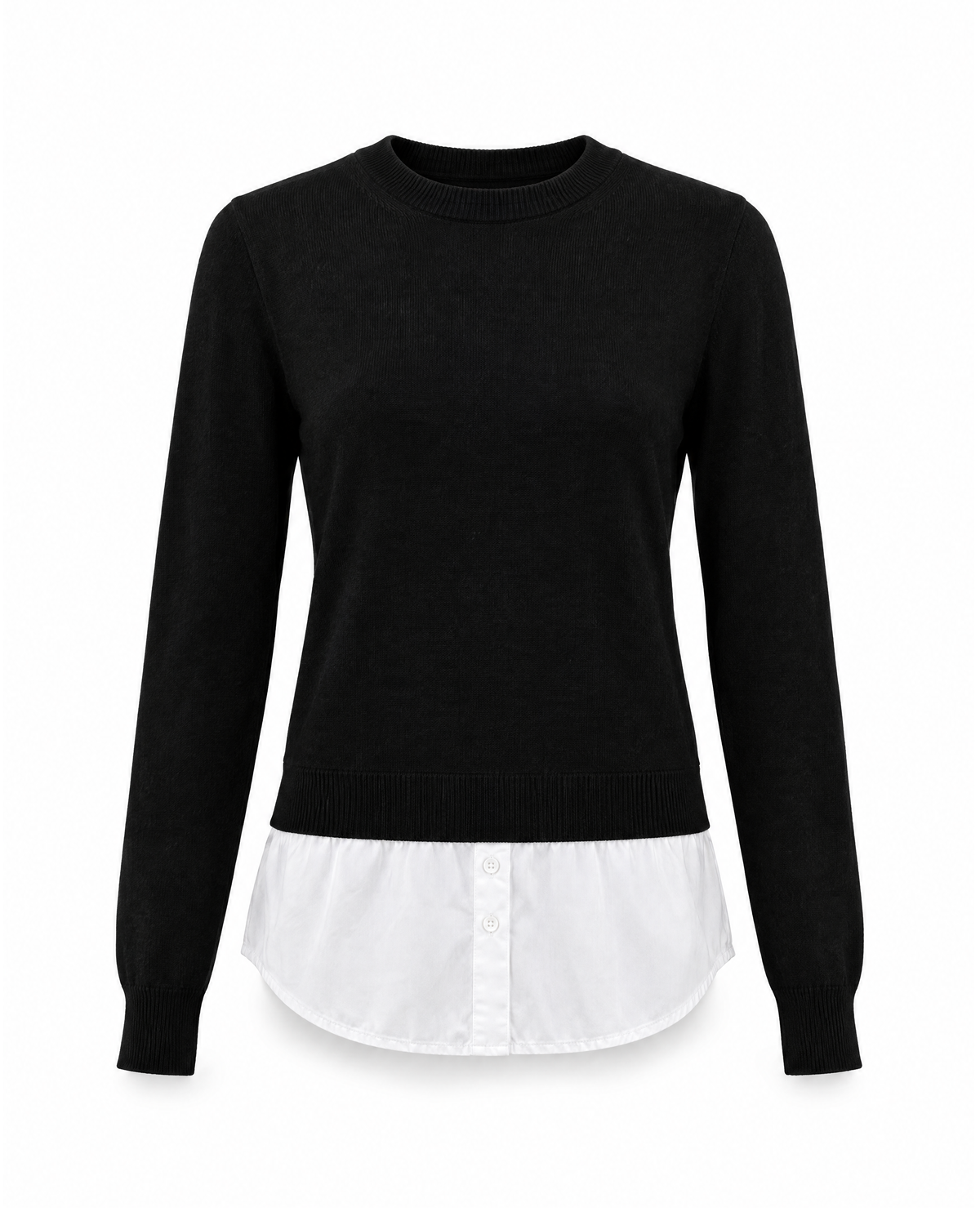 Black shirt hem sweater, front view: fine-knit crew neck with a sewn-in white shirt hem, two-button placket and curved shirttail