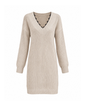 Beige deep V-neck sweater dress, front view: wide ribbed V neckband with black lace edging, dropped shoulders, long sleeves, above-knee hem