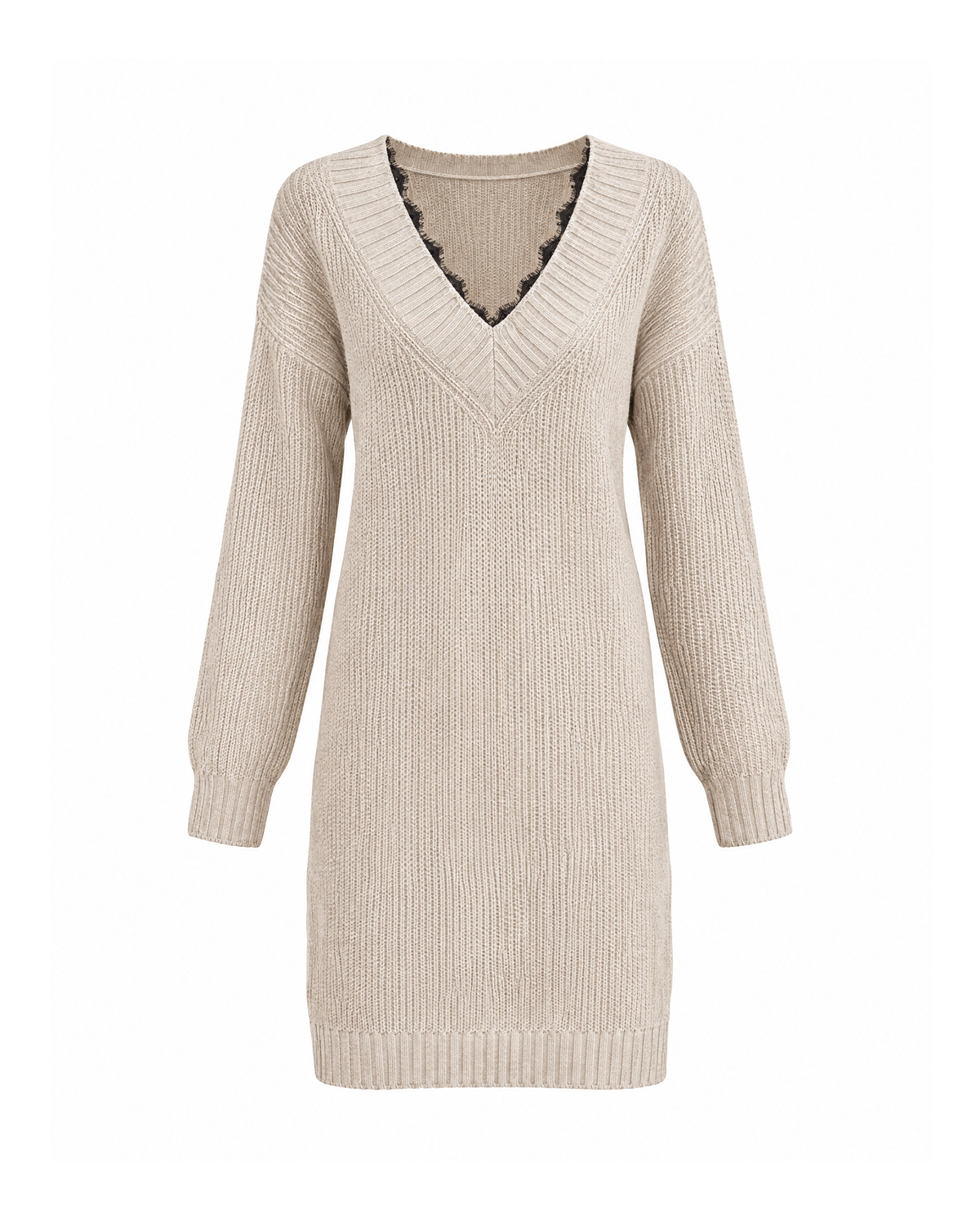 Beige deep V-neck sweater dress, front view: wide ribbed V neckband with black lace edging, dropped shoulders, long sleeves, above-knee hem