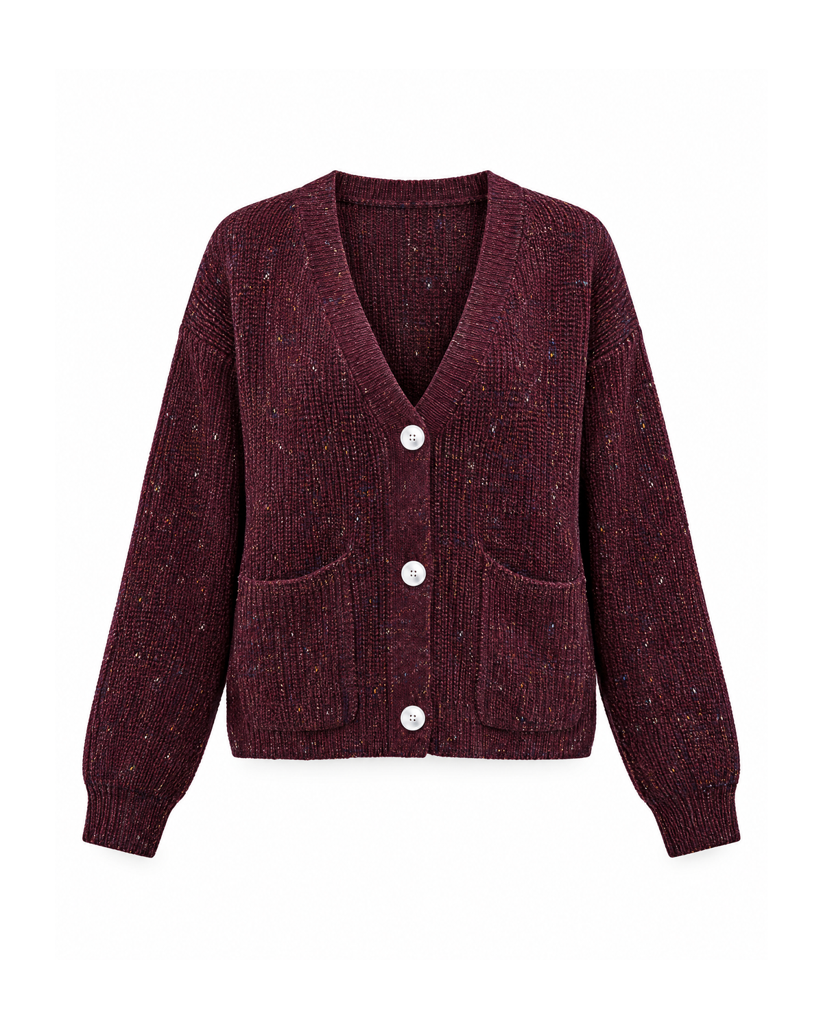 Burgundy V-neck button cardigan, front view: flecked rib knit, three white buttons, two patch pockets, dropped shoulders