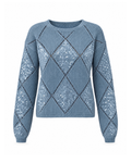 Blue sequin argyle sweater, front view: crew neck, eyelet diamond lattice with sequin-filled diamonds on the chest, lower front and outer sleeves