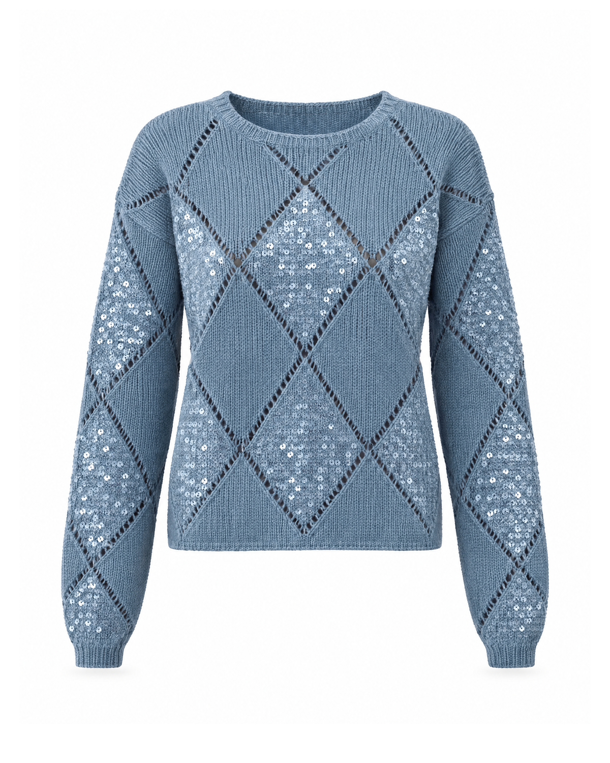 Blue sequin argyle sweater, front view: crew neck, eyelet diamond lattice with sequin-filled diamonds on the chest, lower front and outer sleeves