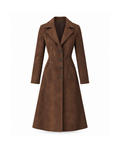 Brown suede-effect trench coat, straight-on front view on a white background, showing the notch lapel, four-button single-breasted front and two slanted welt pockets.