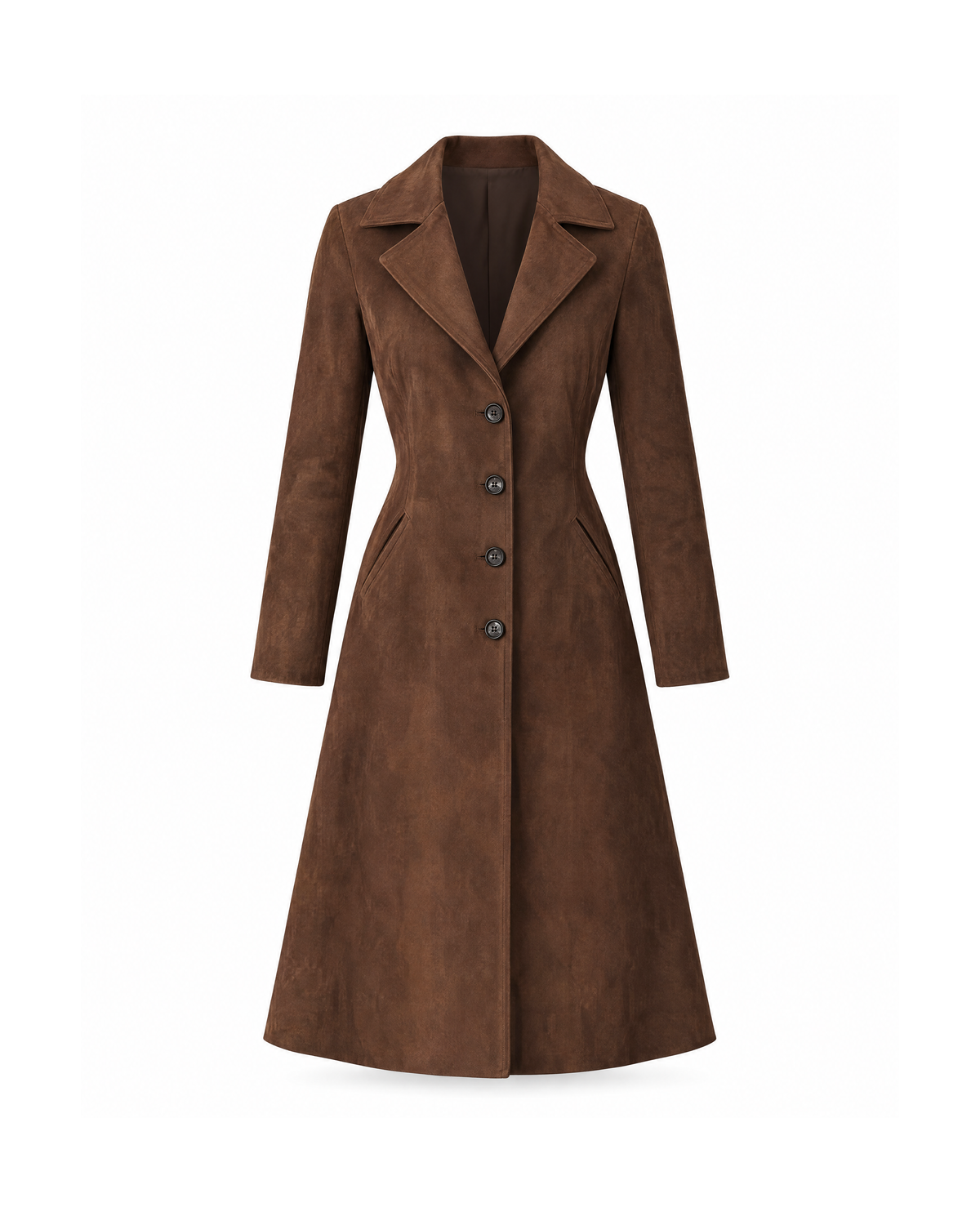 Brown suede-effect trench coat, straight-on front view on a white background, showing the notch lapel, four-button single-breasted front and two slanted welt pockets.