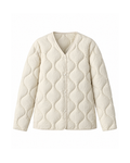 Ivory wave-quilted lightweight jacket, straight-on front view on a white background, showing the collarless V-neck and four press studs.