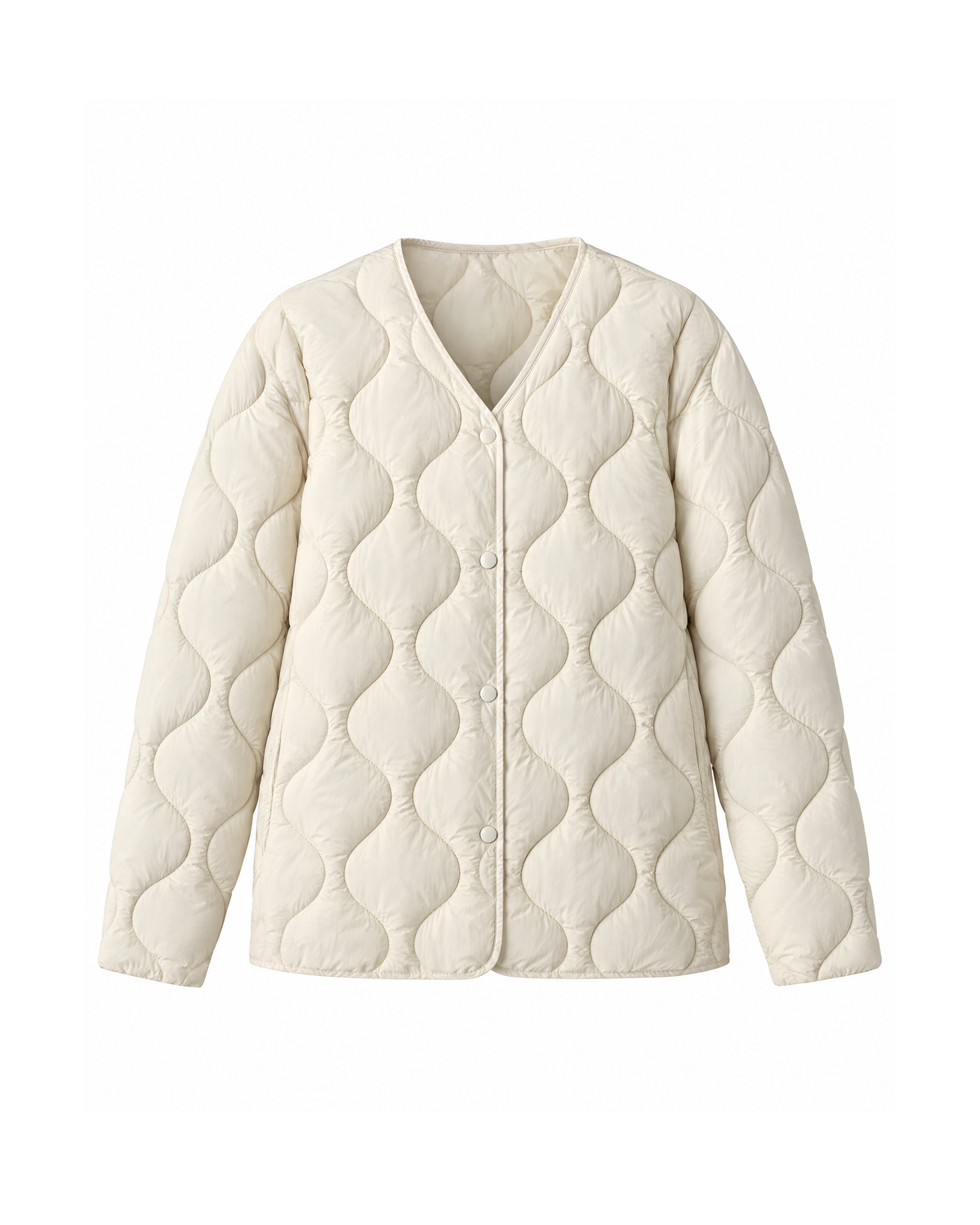 Ivory wave-quilted lightweight jacket, straight-on front view on a white background, showing the collarless V-neck and four press studs.