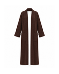 Brown maxi knit cardigan with deep patch pockets and turn-up cuffs, front view hanging open