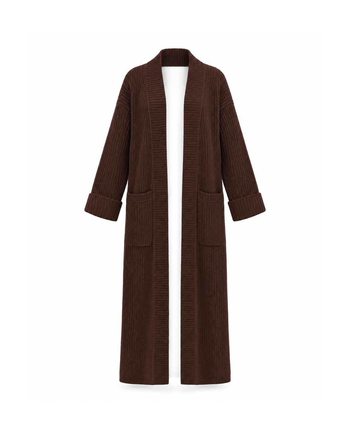 Brown maxi knit cardigan with deep patch pockets and turn-up cuffs, front view hanging open