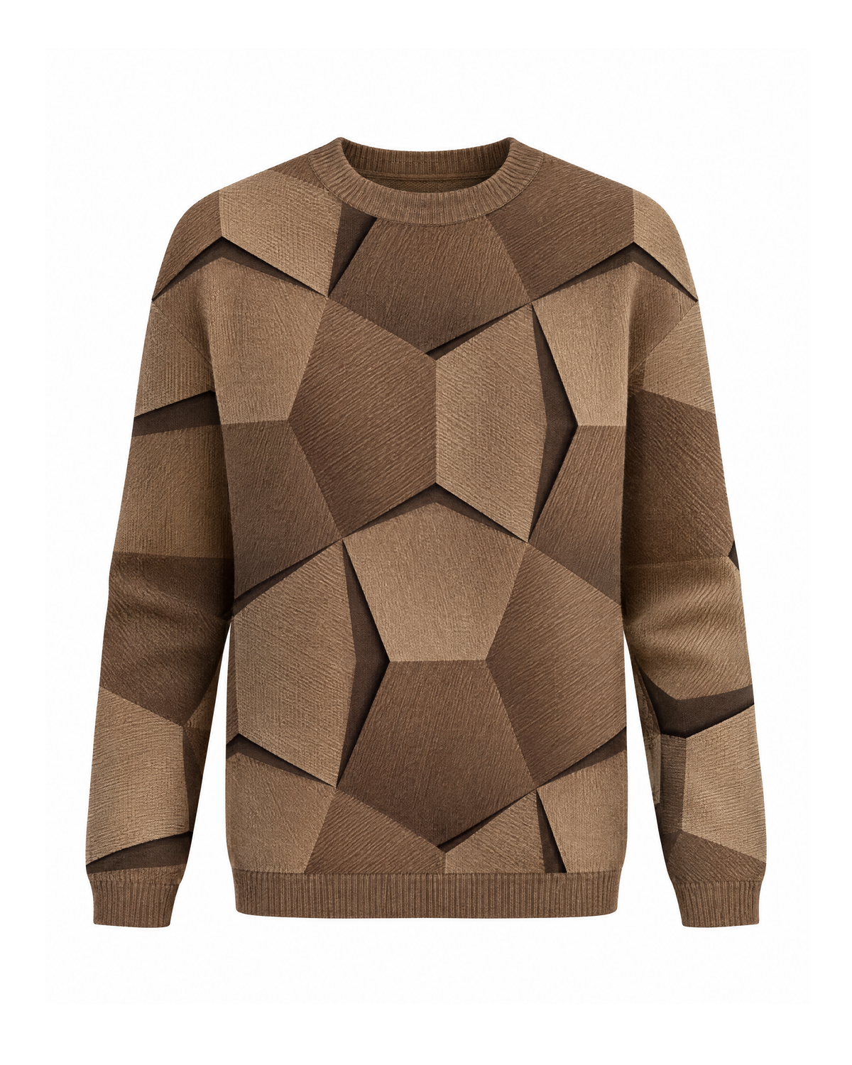 Brown geometric pattern sweater with a ribbed crew neck, front view of the faceted panels in camel and chocolate shades