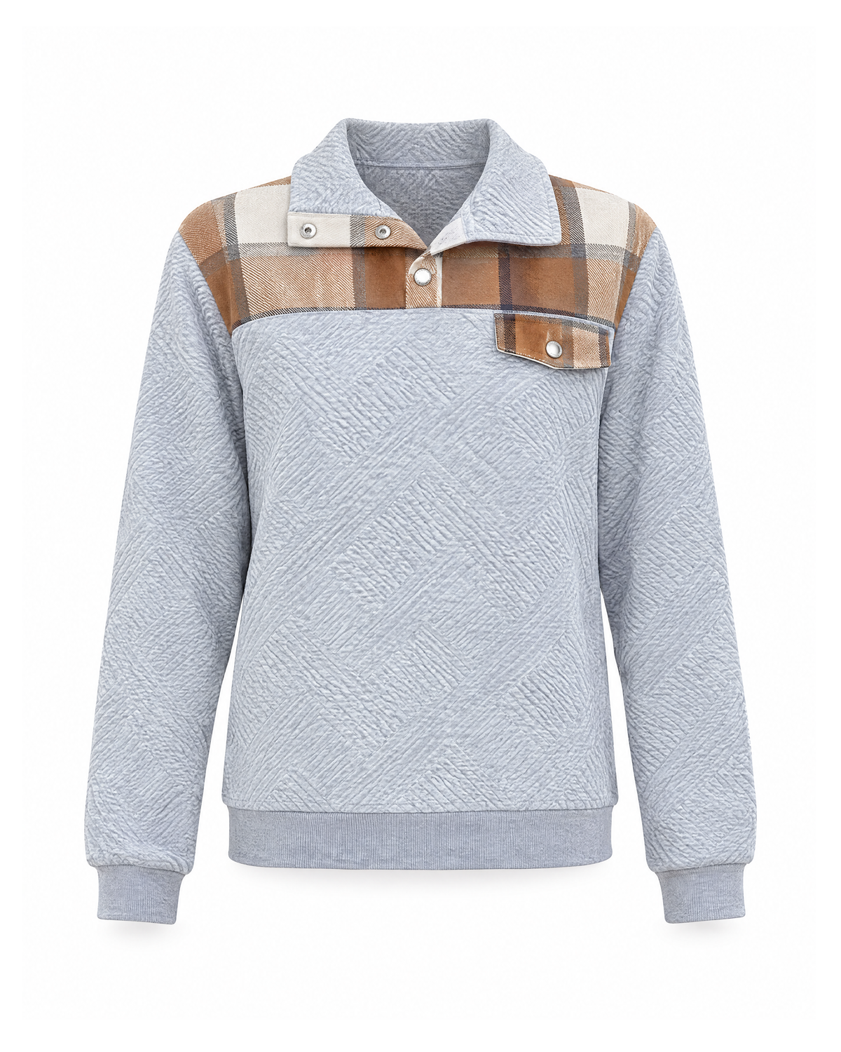 Light Grey plaid yoke sweatshirt with a snap collar and check chest flap, front view