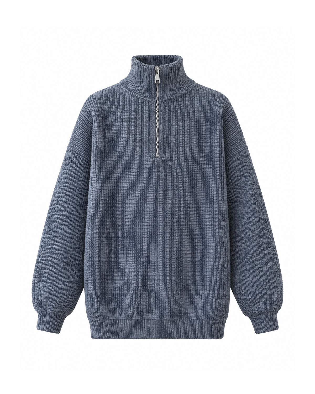 Grey half-zip sweater with a stand collar in chunky rib knit, front view with the silver zip closed