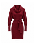 Burgundy cowl neck sweater dress with a tie belt and batwing sleeves, front view showing four pearl-look buttons on each cuff