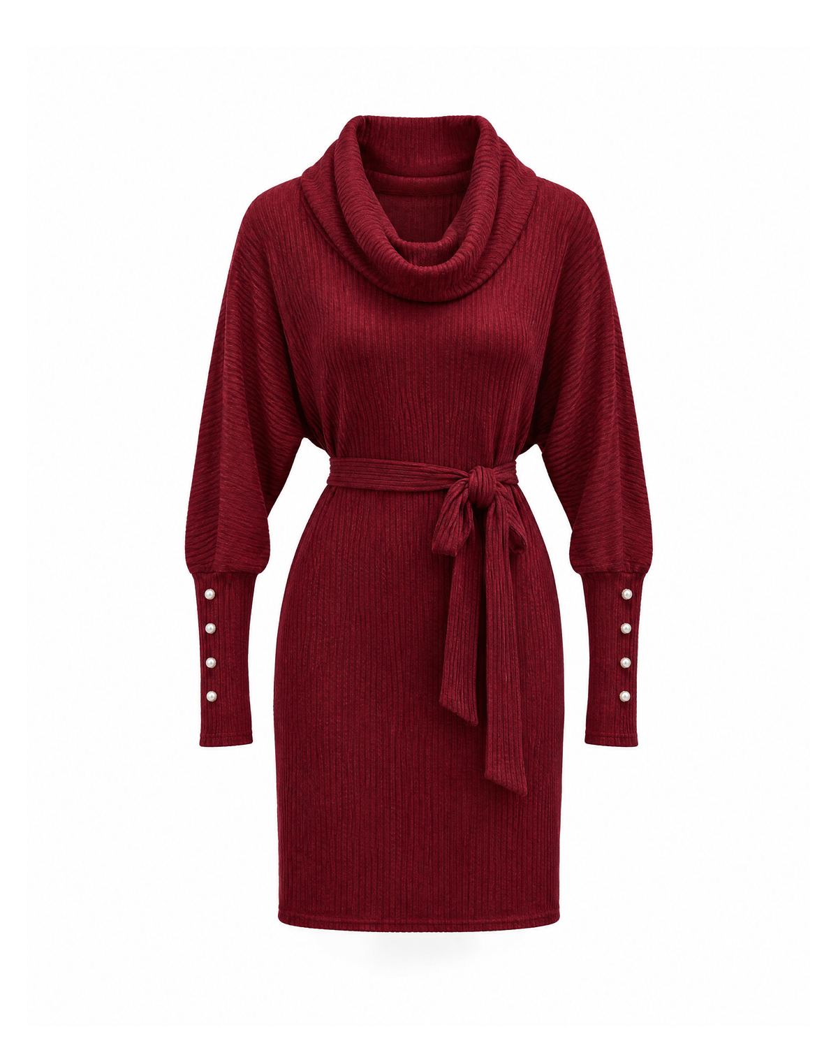Burgundy cowl neck sweater dress with a tie belt and batwing sleeves, front view showing four pearl-look buttons on each cuff