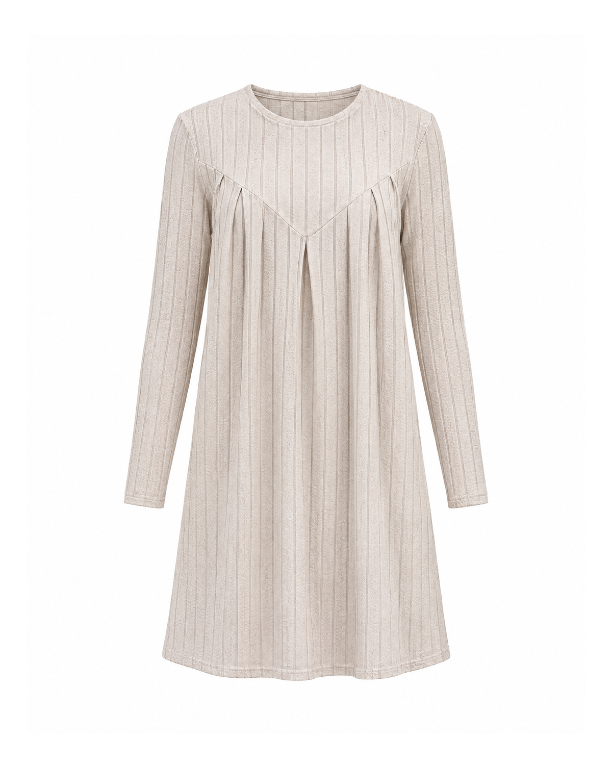 Beige ribbed knit shift dress with long sleeves, front view showing the pleated V yoke seam and crew neck