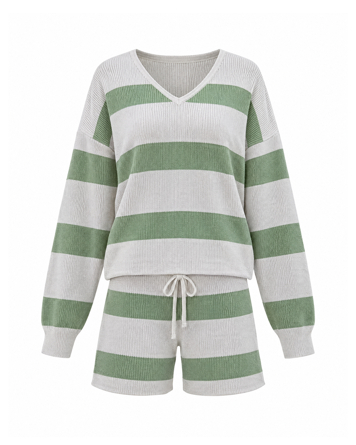 Green/White striped knit sweater and shorts set, front view of the V-neck sweater over drawstring shorts