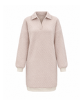 Beige quilted sweatshirt dress with a polo collar, front view with cream rib cuffs and hem