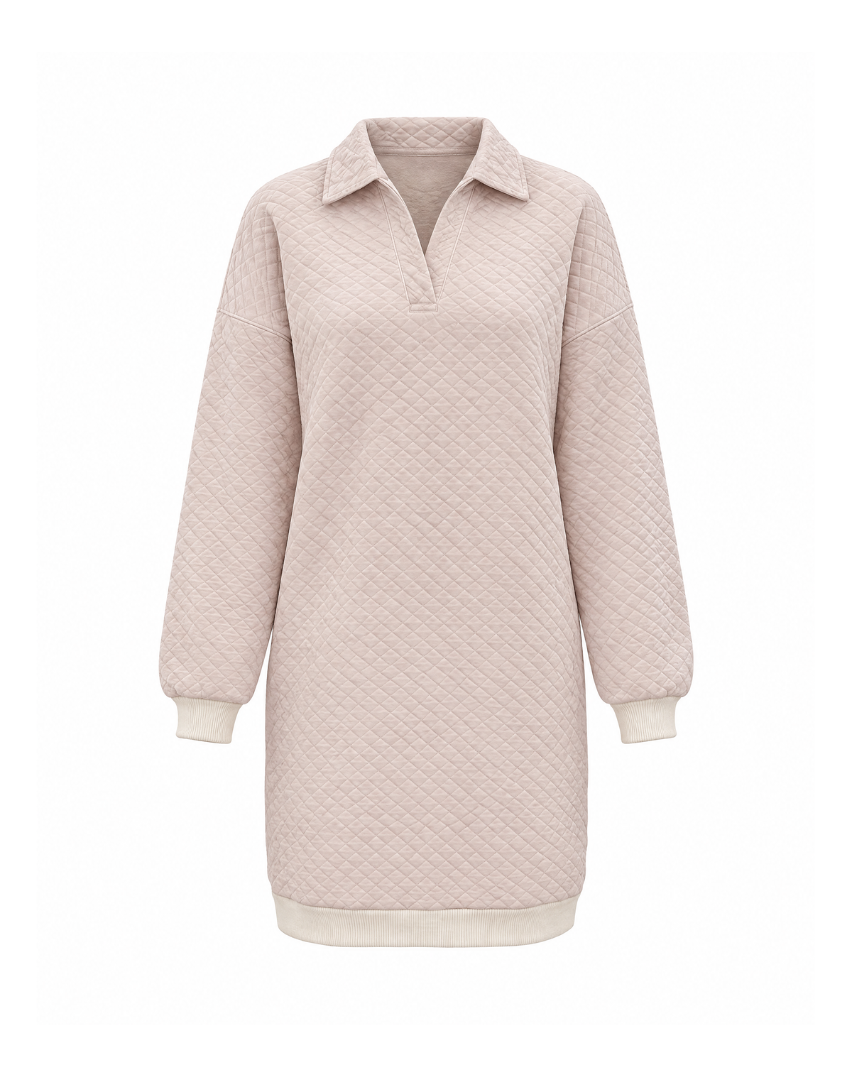 Beige quilted sweatshirt dress with a polo collar, front view with cream rib cuffs and hem