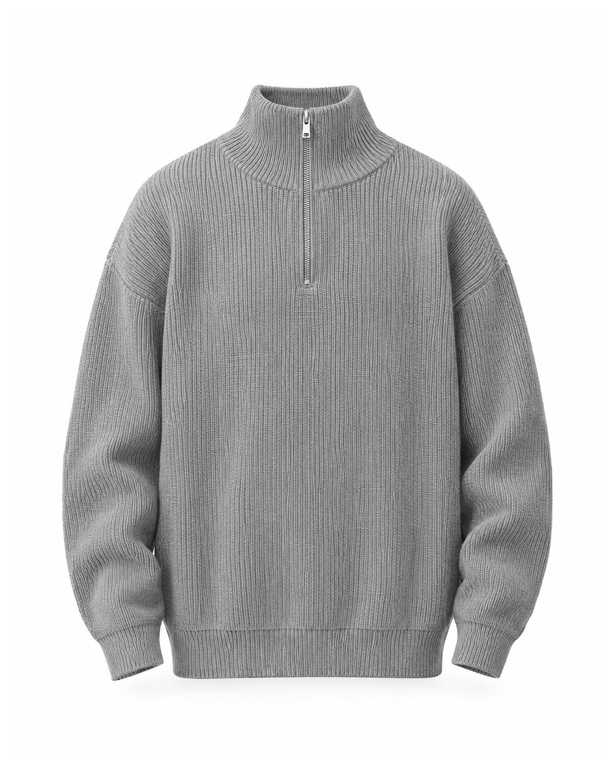 Grey quarter-zip ribbed sweater with a mock neck, front view with the silver zip closed