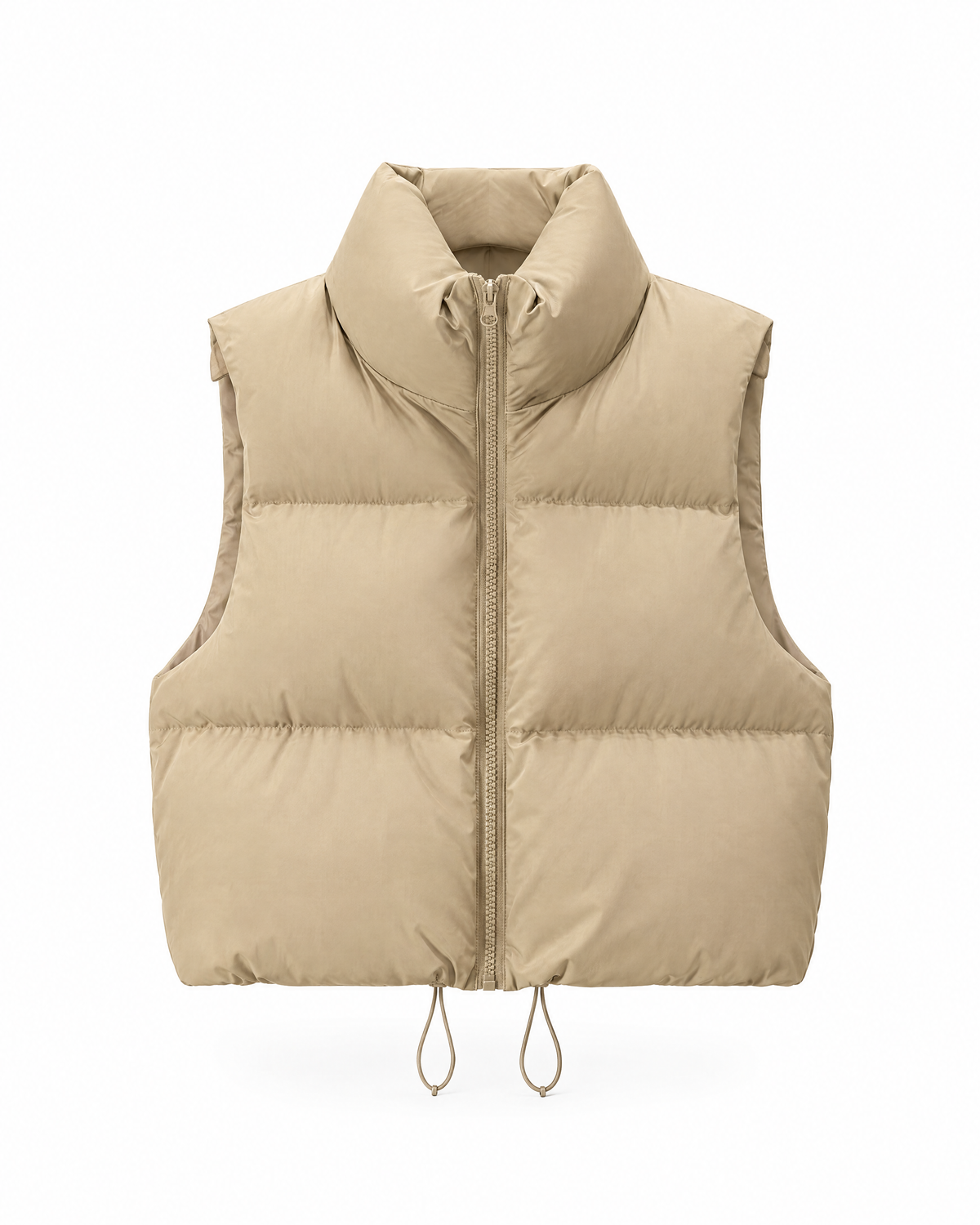 Khaki cropped puffer vest with a tall stand collar and a full-length zip, shown straight on against a white background