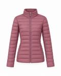 Mauve lightweight quilted puffer jacket shown straight on, stand collar up, zip closed to the top of the collar, narrow horizontal quilting on the body and sleeves