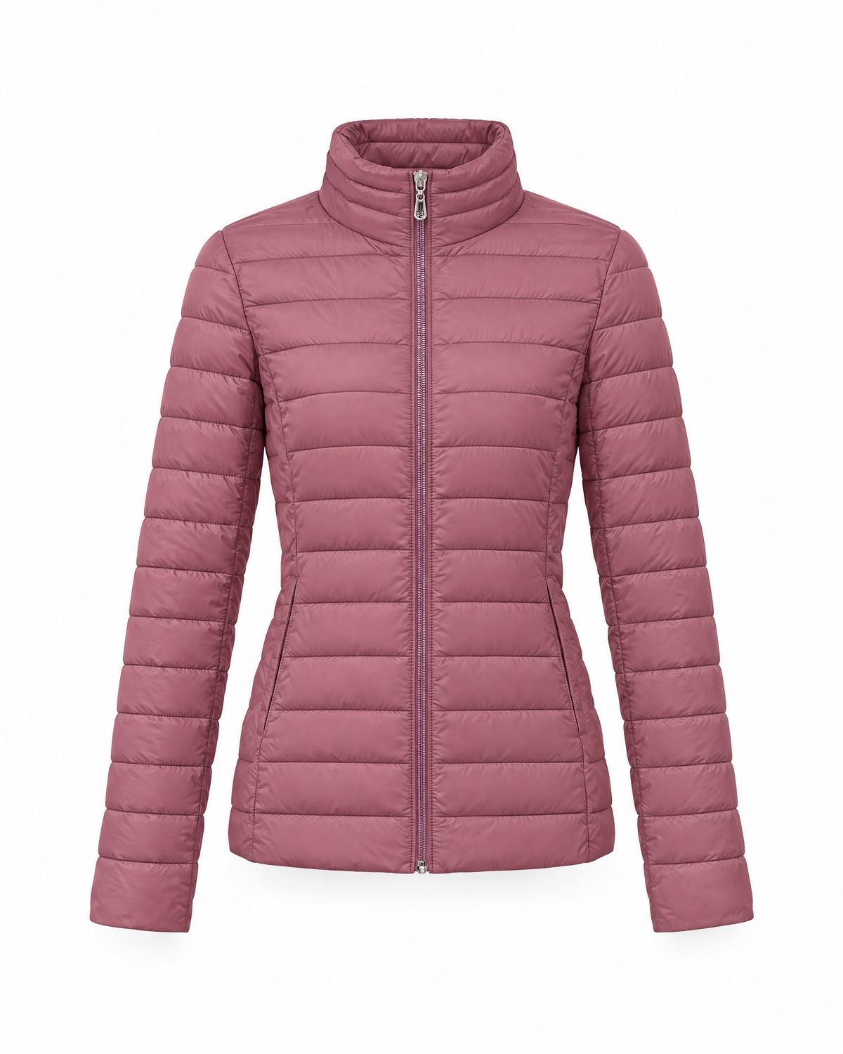 Mauve lightweight quilted puffer jacket shown straight on, stand collar up, zip closed to the top of the collar, narrow horizontal quilting on the body and sleeves