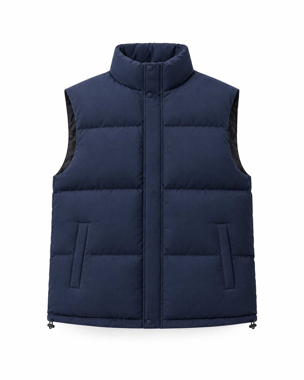 Navy quilted puffer vest shown flat from the front on white, with a padded stand collar, a snap placket over the zip and two welt hip pockets