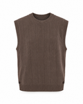 Men's brown ribbed sweater vest, front view: crew neck, staggered raised vertical lines, ribbed armholes and hem band, small side buttons