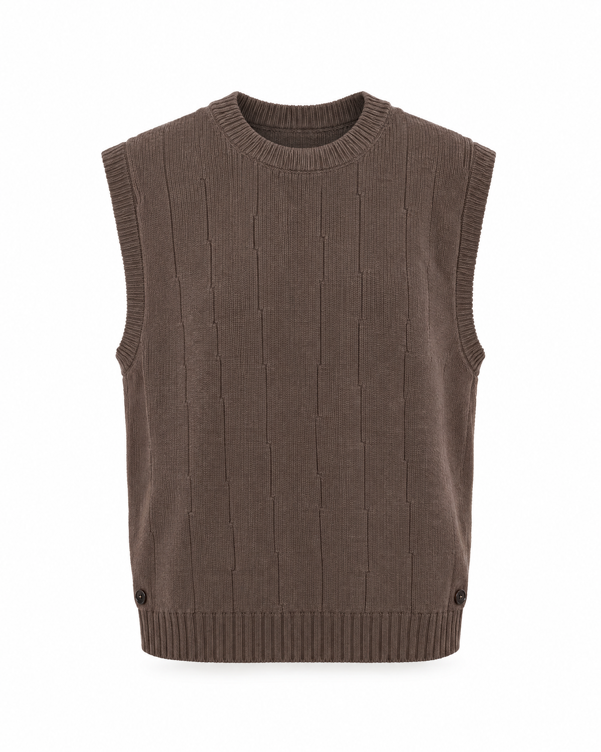 Men's brown ribbed sweater vest, front view: crew neck, staggered raised vertical lines, ribbed armholes and hem band, small side buttons
