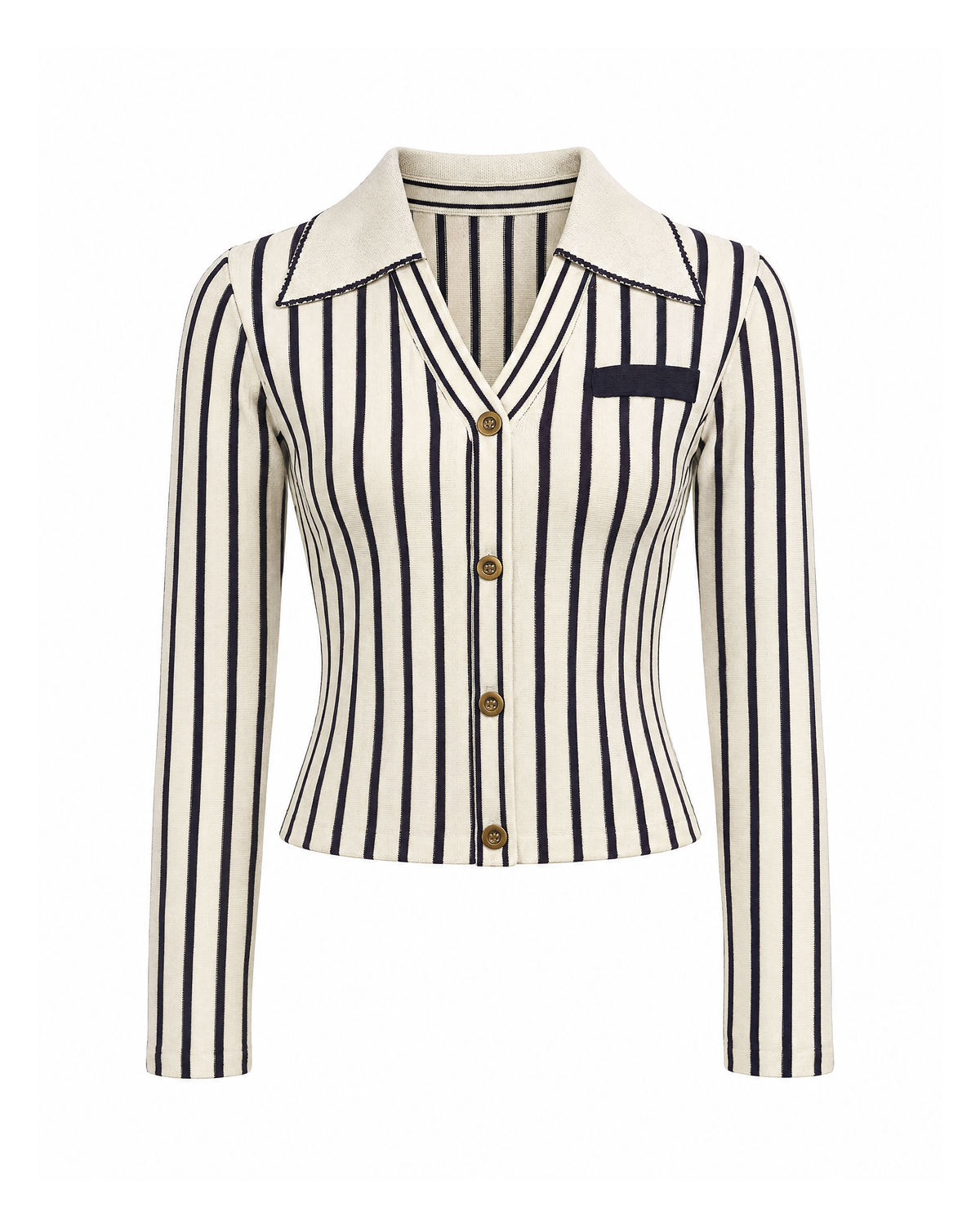 Cream/Navy striped knit cardigan with shirt collar and four buttons, front view on a white background