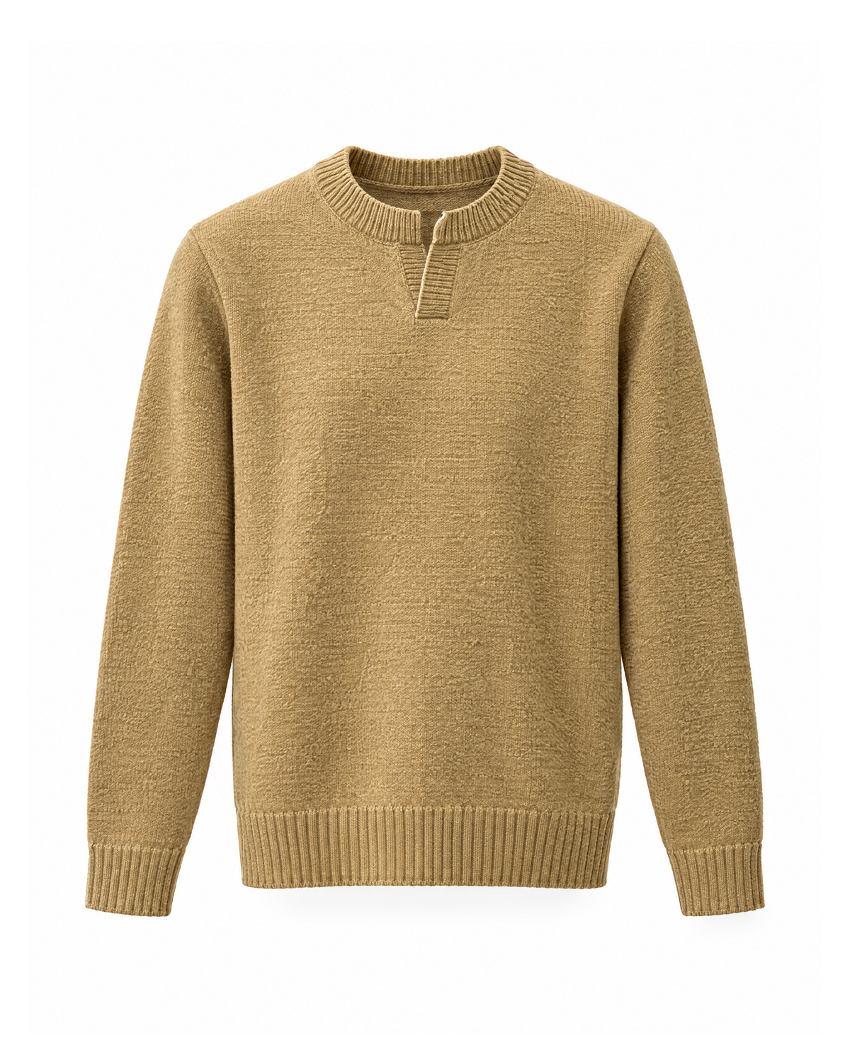 Khaki notch neck knit sweater, front view on white, showing the notched ribbed crew neck, deep ribbed hem and cuffs