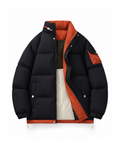 Black padded puffer jacket with a stand collar, shown from the front with the zip open to reveal the rust orange facing