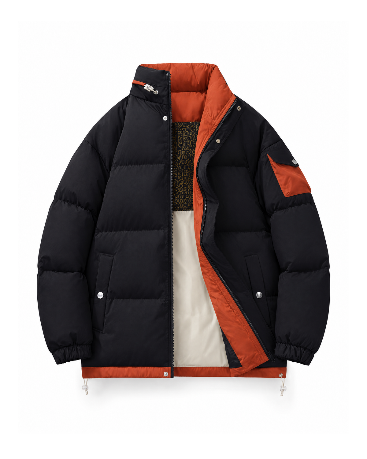 Black padded puffer jacket with a stand collar, shown from the front with the zip open to reveal the rust orange facing