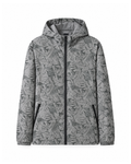 Light Grey hooded windbreaker with an all-over tonal leaf print, shown from the front with the zip closed and the hood up