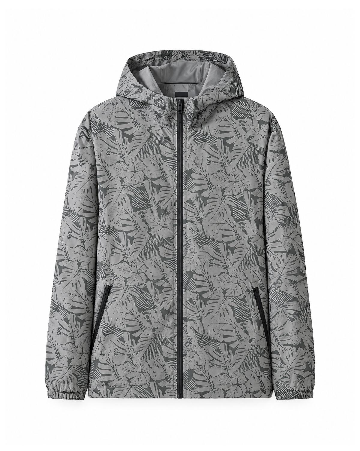 Light Grey hooded windbreaker with an all-over tonal leaf print, shown from the front with the zip closed and the hood up