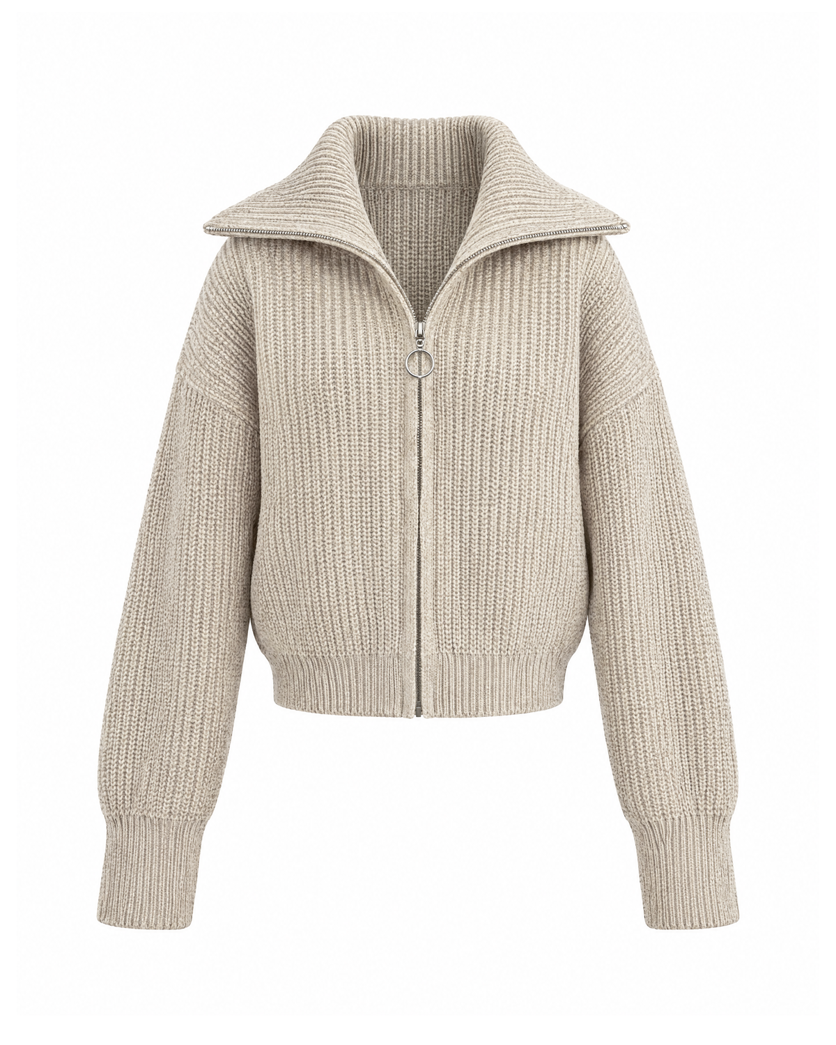 Beige zip-up rib knit cardigan, front view on white, with a wide ribbed collar, silver ring-pull zip and long ribbed cuffs