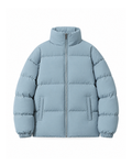 Light Blue quilted puffer jacket shown flat from the front on white, with a high stand collar, a full-length zip and two vertical welt pockets