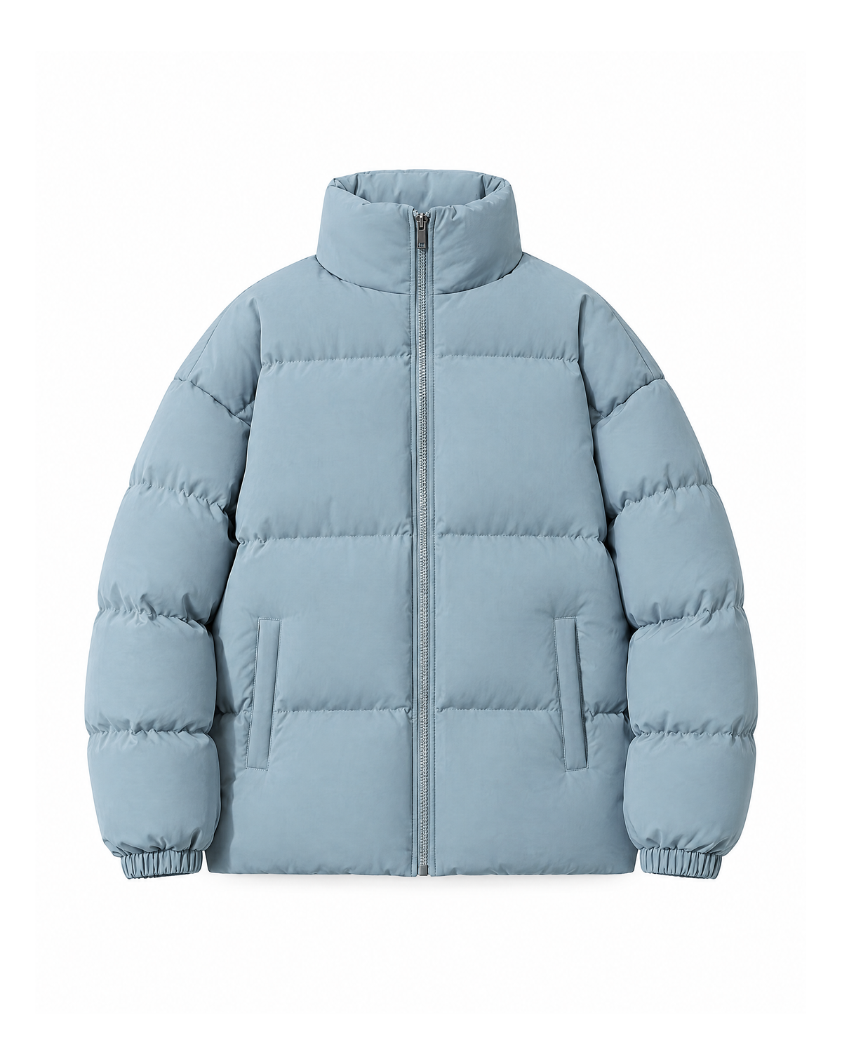 Light Blue quilted puffer jacket shown flat from the front on white, with a high stand collar, a full-length zip and two vertical welt pockets