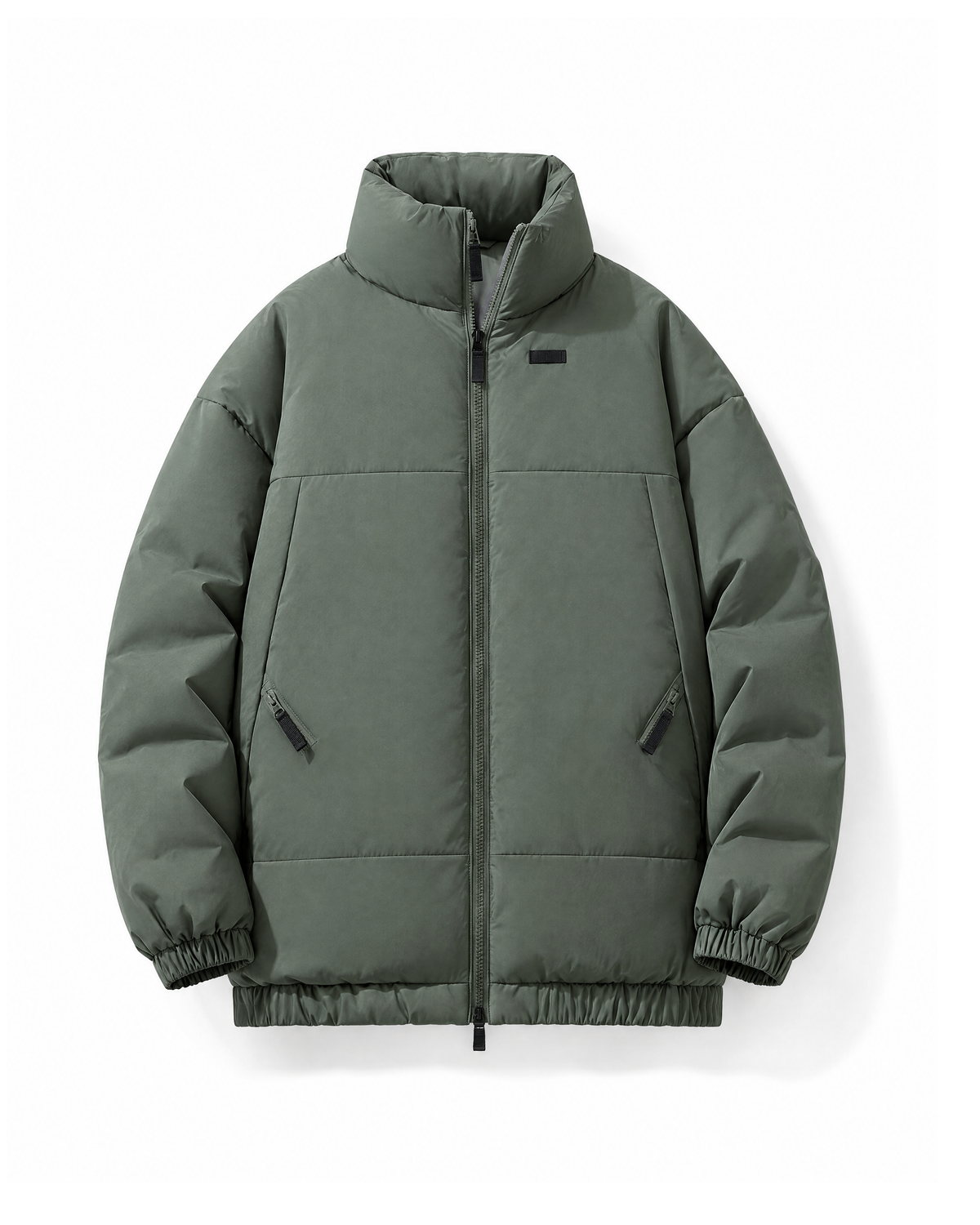 Olive Green men's padded jacket with a tall stand collar and two zip pockets, shown from the front on a white background.