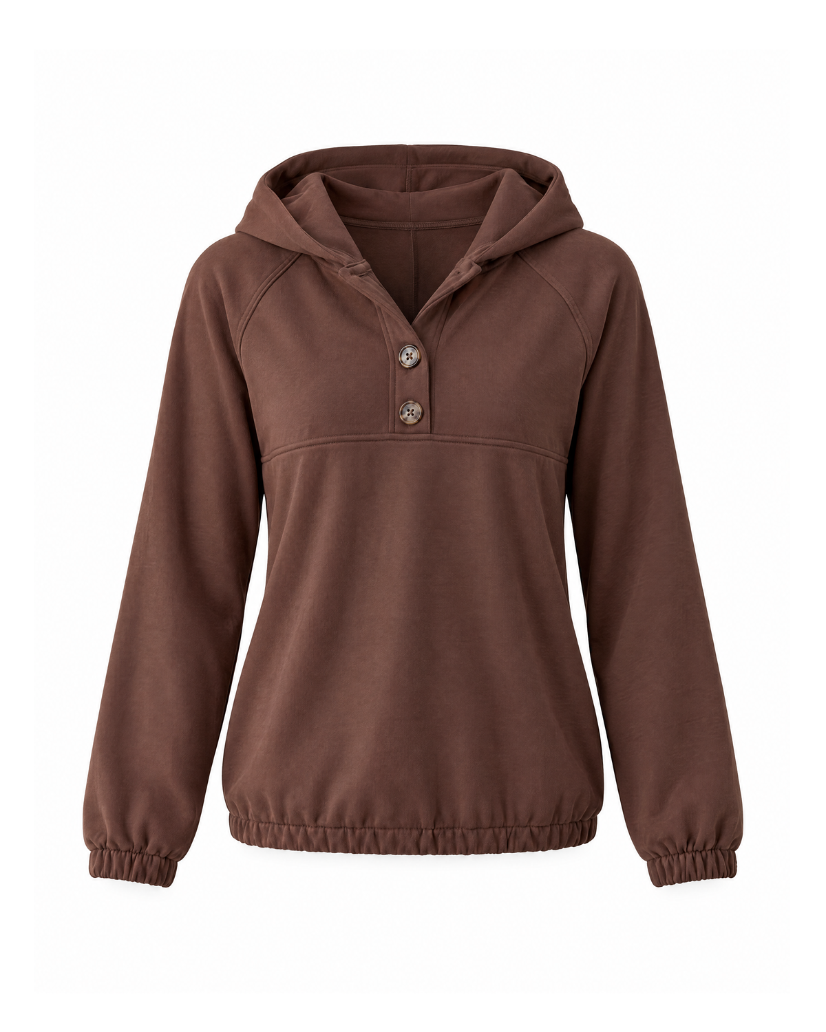 Coffee button placket hoodie, front view on white, with two buttons below the hood, a chest seam, raglan sleeves and gathered cuffs and hem