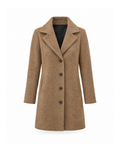 Camel mid-length single-breasted coat with a notched lapel, four buttons and two hip pockets, shown from the front on a white background.