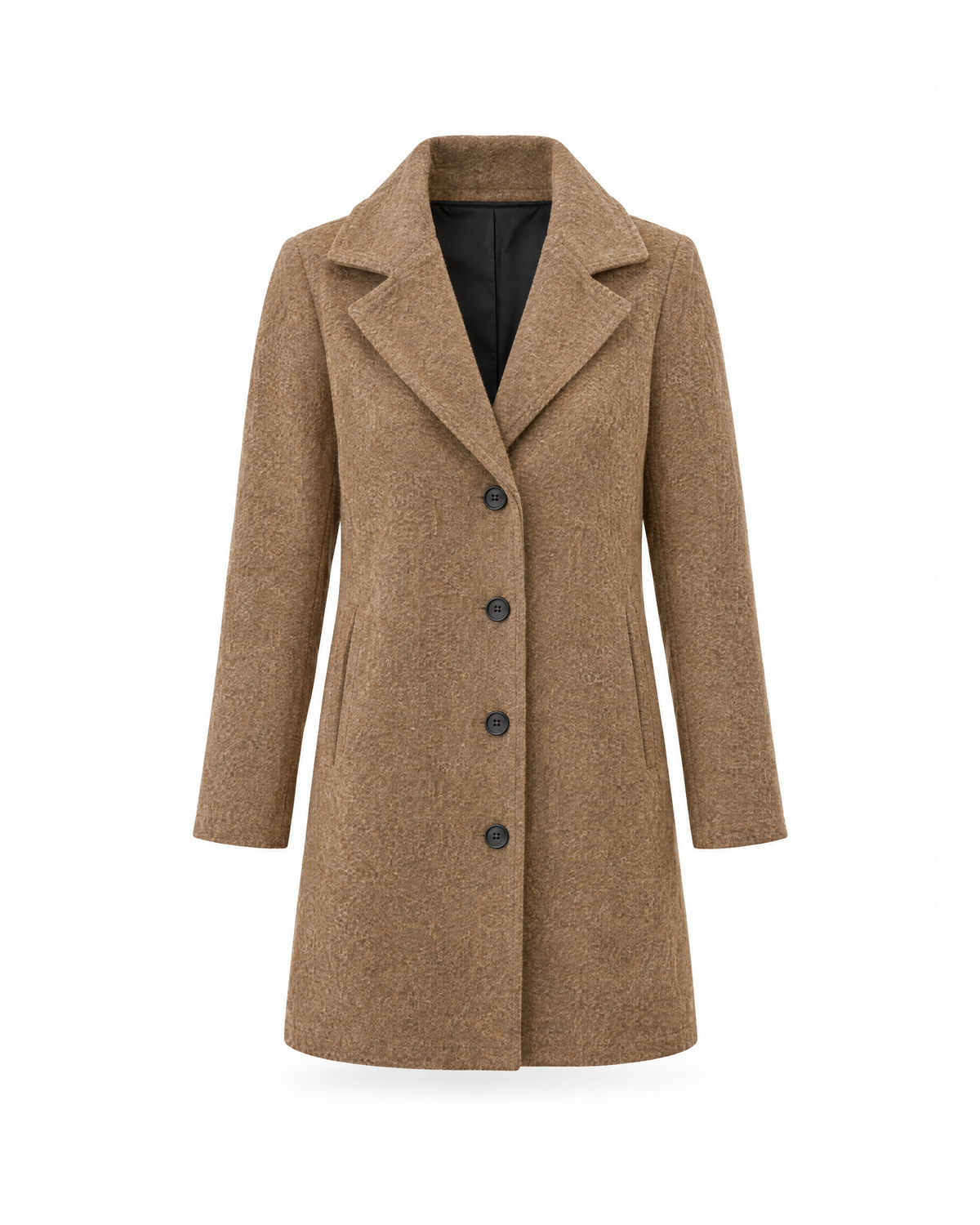 Camel mid-length single-breasted coat with a notched lapel, four buttons and two hip pockets, shown from the front on a white background.