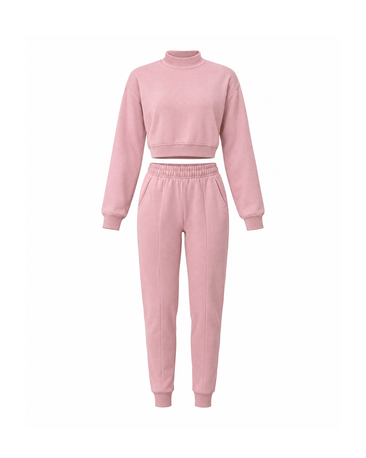 Pink cropped sweatshirt and jogger pants set, front view on white, with a mock neck, elastic waistband, side pockets and ribbed ankle cuffs