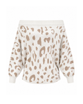 Off-shoulder leopard knit sweater in White/Beige, front view on white, with beige spots, a wide ribbed neckline and batwing sleeves