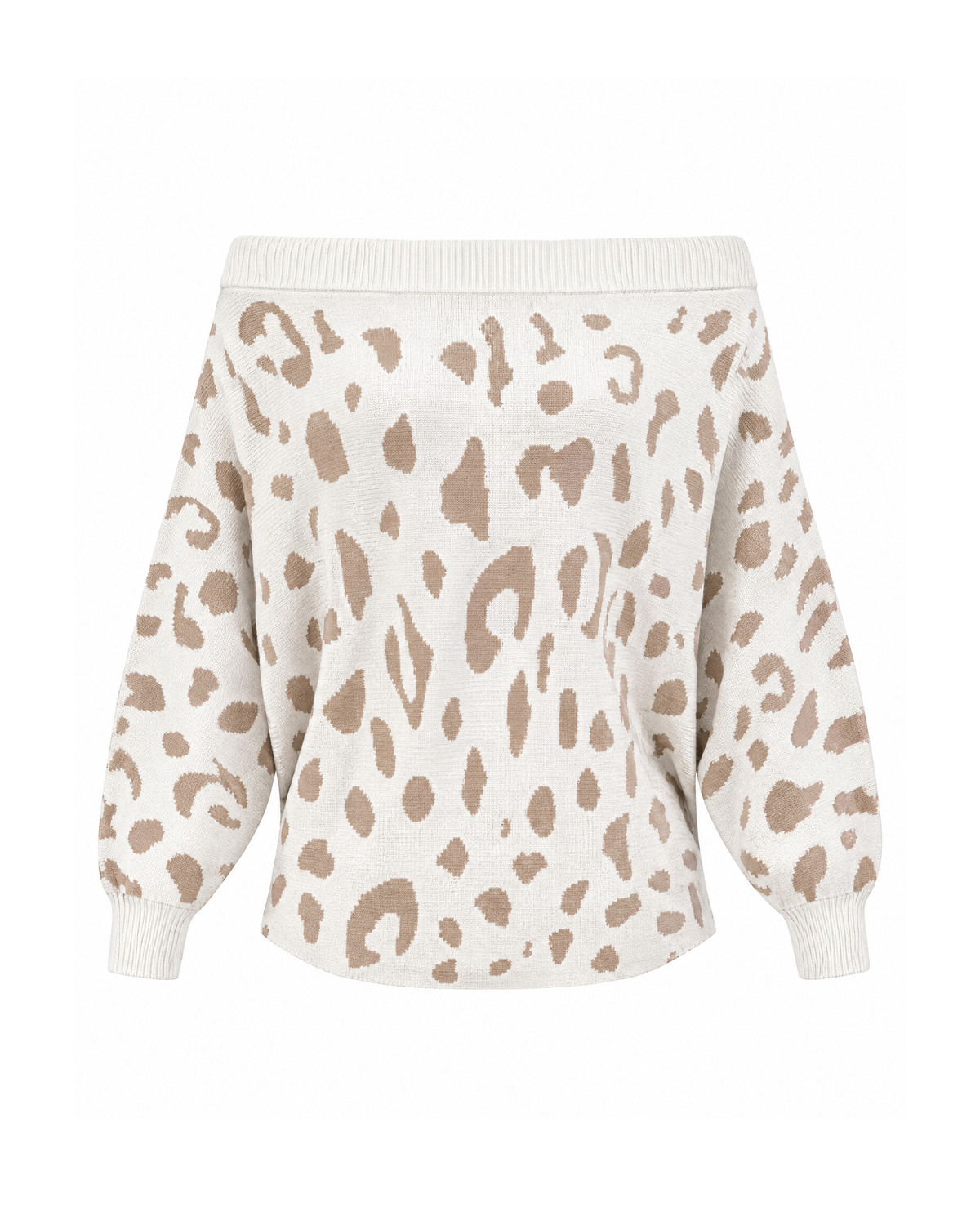 Off-shoulder leopard knit sweater in White/Beige, front view on white, with beige spots, a wide ribbed neckline and batwing sleeves