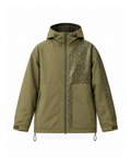 Olive Green hooded windbreaker jacket shown flat from the front on white, with a glossy leopard-print panel down one side of the chest and sleeve